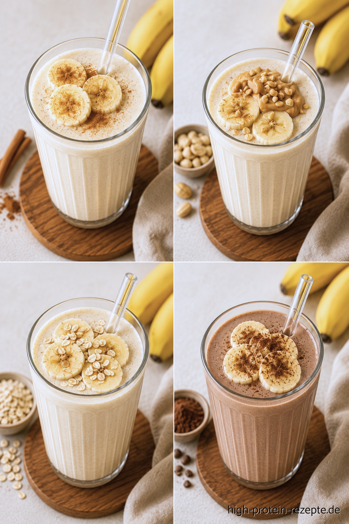Wenn es schnell gehen muss: Dieser cremige Protein-Shake aus Banane und Skyr liefert 40 g Eiweiß – sättigend und lecker zum Frühstück oder nach dem Training. In 4 Varianten mit Zimt, Erdnussmus, Haferflocken oder Kakao