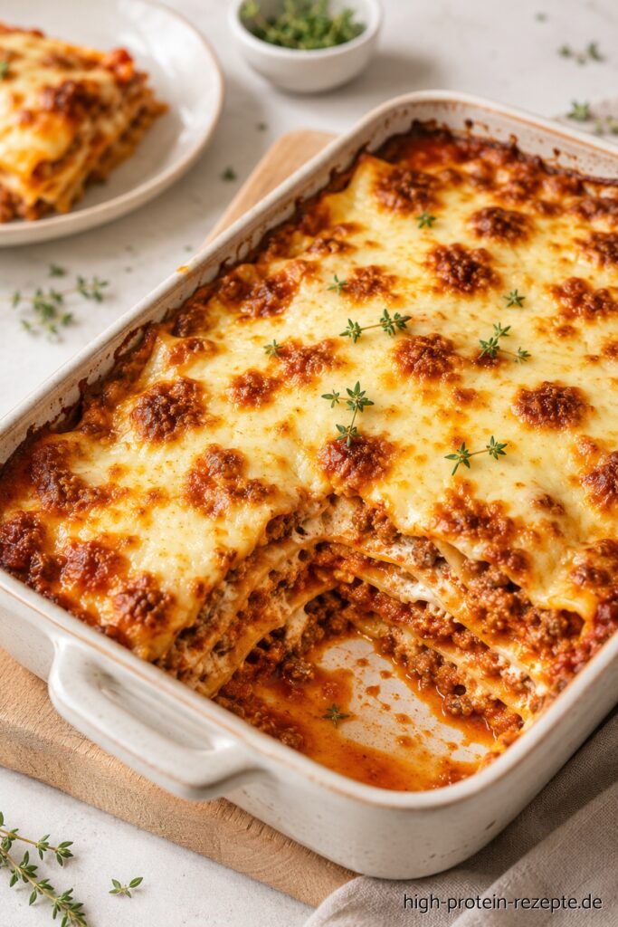 Proteinlasagne: kalorienarme High Protein Lasagne wie das Original Diese Proteinlasagne liefert viel Eiweiß, hält lange satt und schmeckt genau wie klassische Lasagne. Ideal für Muskelaufbau, Fitness & kalorienarme Ernährung.
