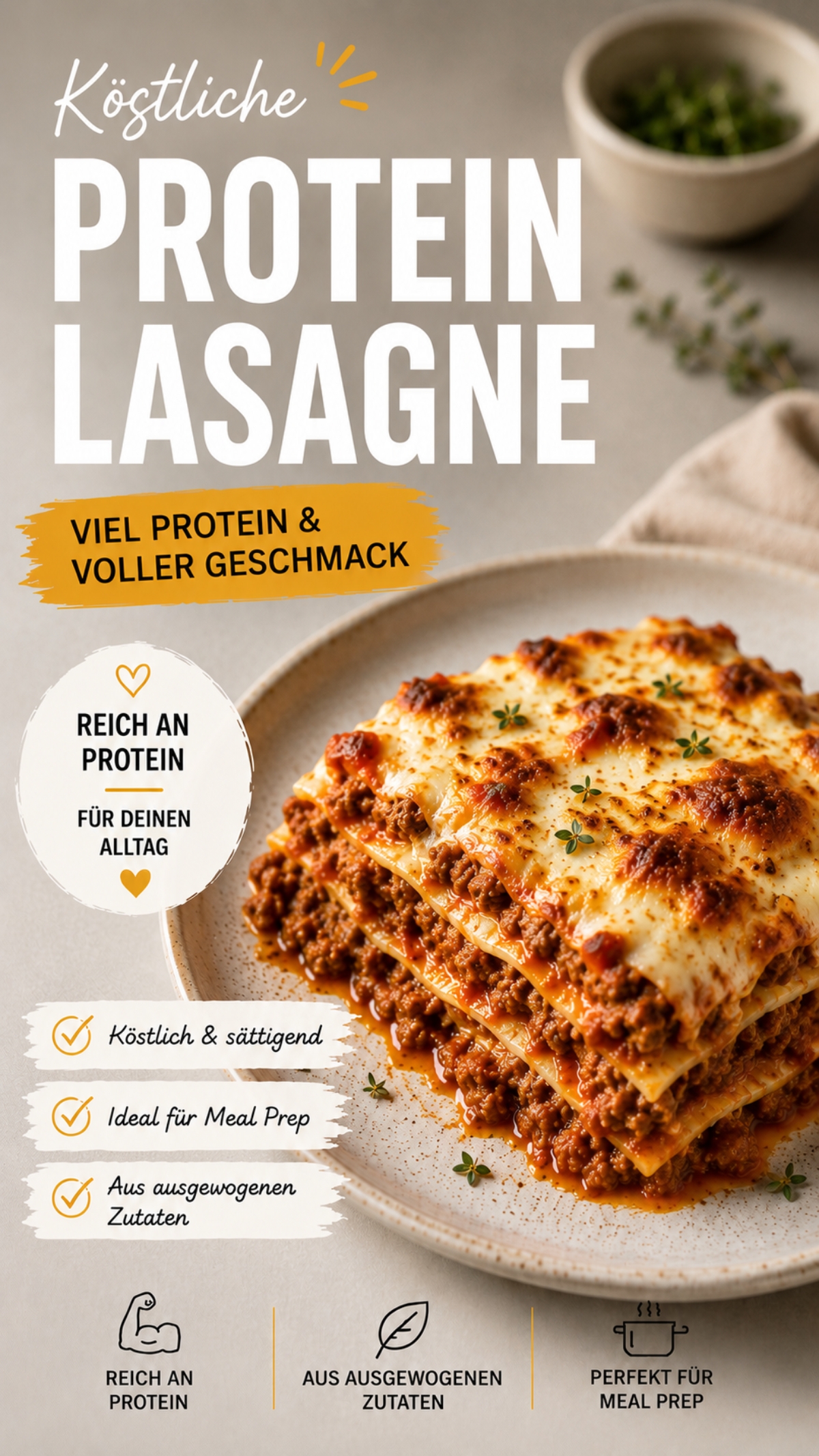 Proteinlasagne: kalorienarme High Protein Lasagne wie das Original Diese Proteinlasagne liefert viel Eiweiß, hält lange satt und schmeckt genau wie klassische Lasagne. Ideal für Muskelaufbau, Fitness & kalorienarme Ernährung.
