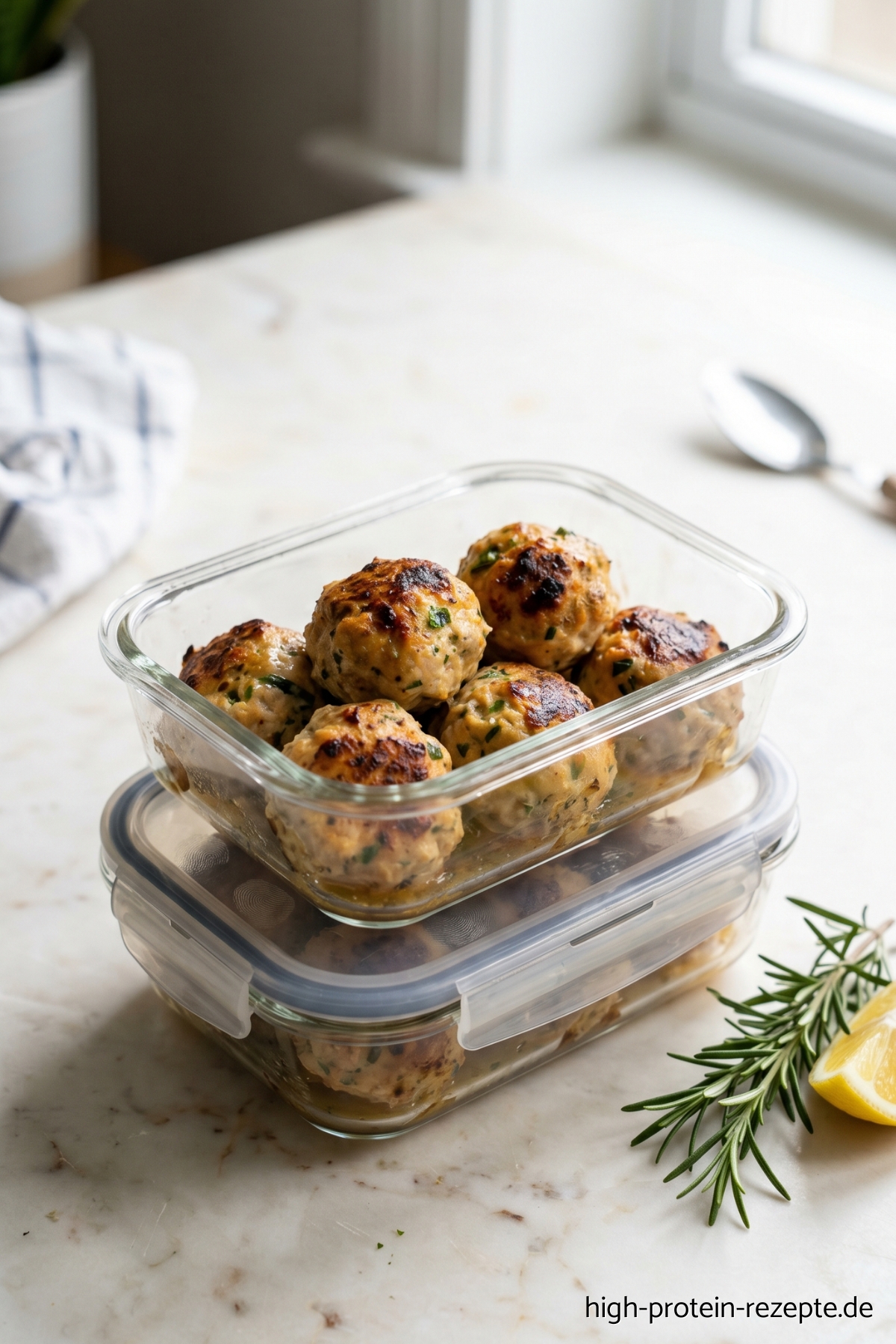 Gesunde Hähnchen Frikadellen aus dem Ofen. Mit 47,7 g Eiweiß, nur 261 kcal, high protein und glutenfrei. Auch perfekt aus dem Airfyer und aus der Pfanne.