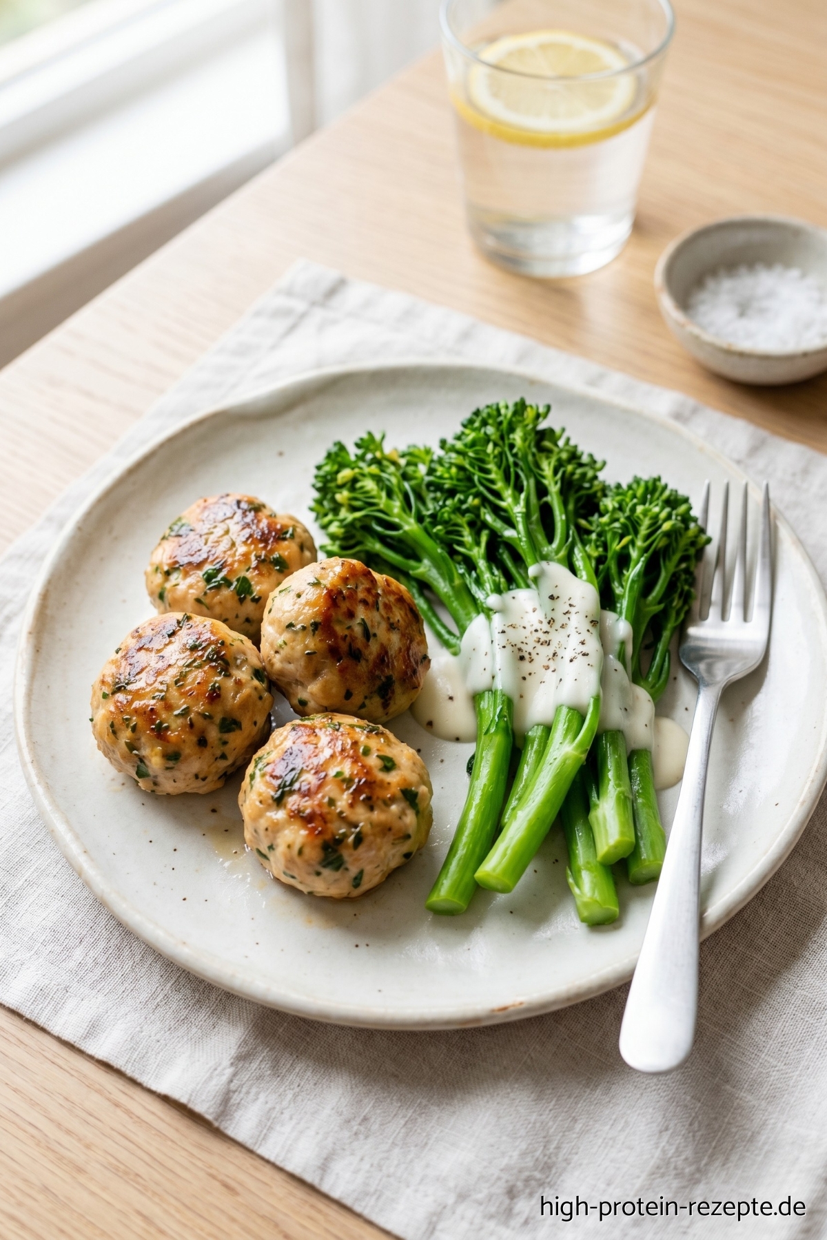 Gesunde Hähnchen Frikadellen aus dem Ofen. Mit 47,7 g Eiweiß, nur 261 kcal, high protein und glutenfrei. Auch perfekt aus dem Airfyer und aus der Pfanne.
