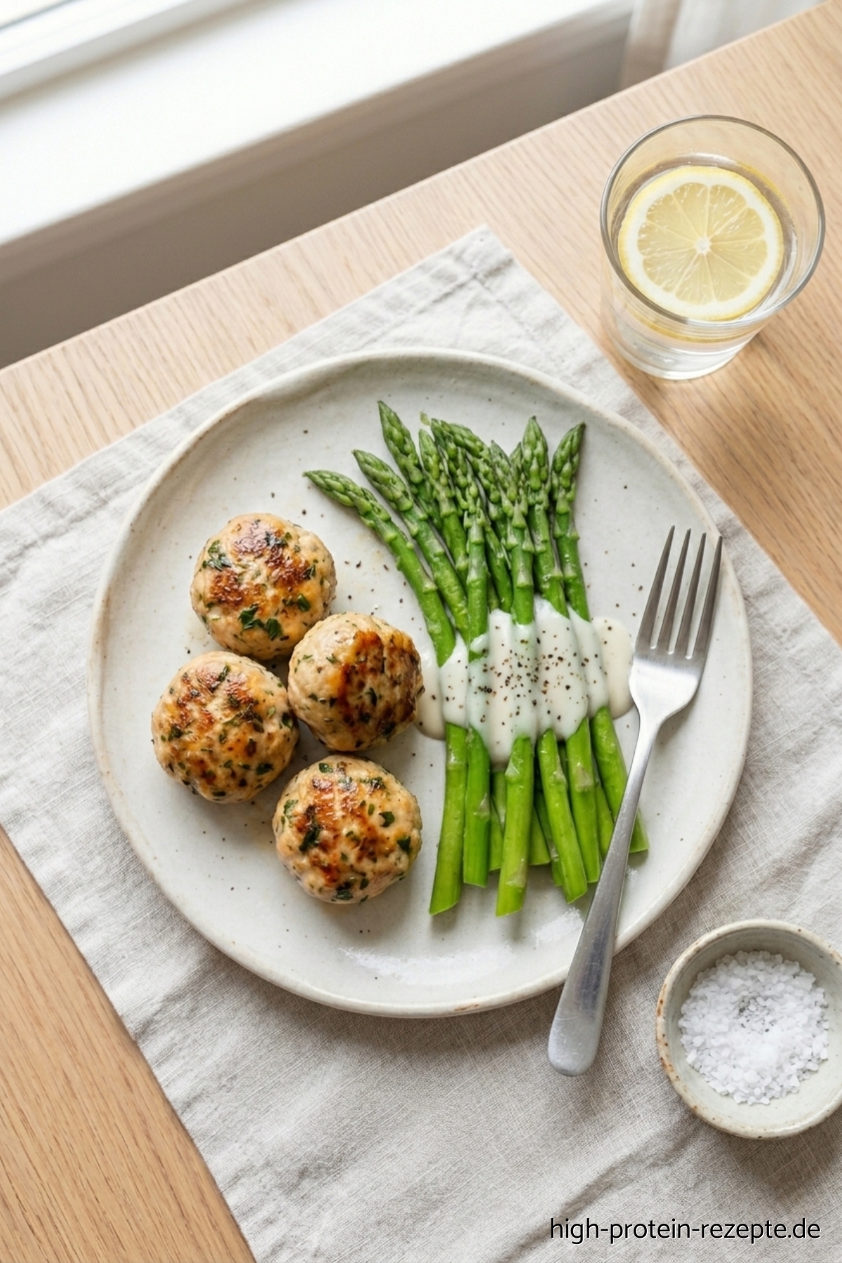 Gesunde Hähnchen Frikadellen aus dem Ofen. Mit 47,7 g Eiweiß, nur 261 kcal, high protein und glutenfrei. Auch perfekt aus dem Airfyer und aus der Pfanne.