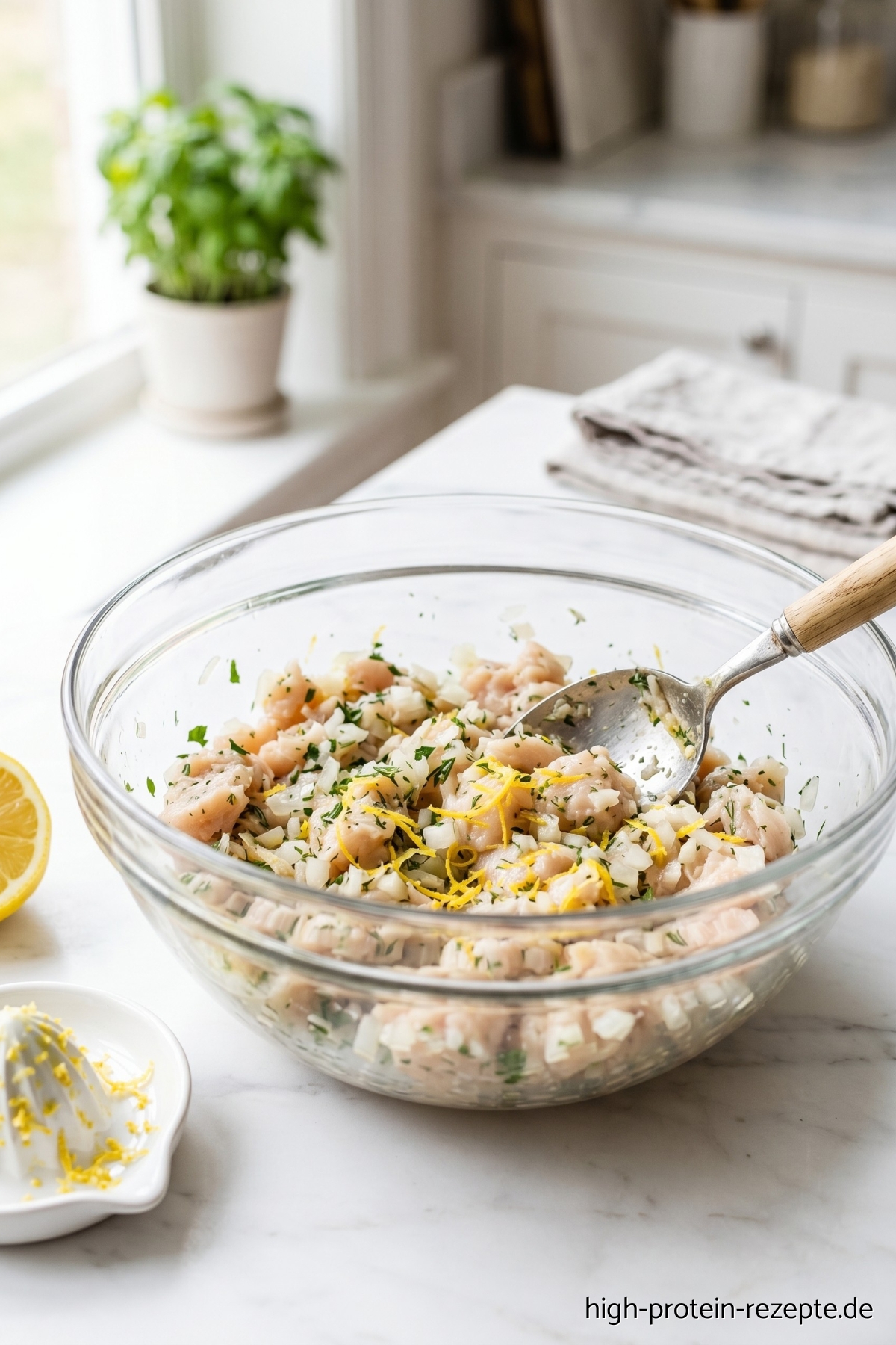 Gesunde Hähnchen Frikadellen aus dem Ofen. Mit 47,7 g Eiweiß, nur 261 kcal, high protein und glutenfrei. Auch perfekt aus dem Airfyer und aus der Pfanne.
