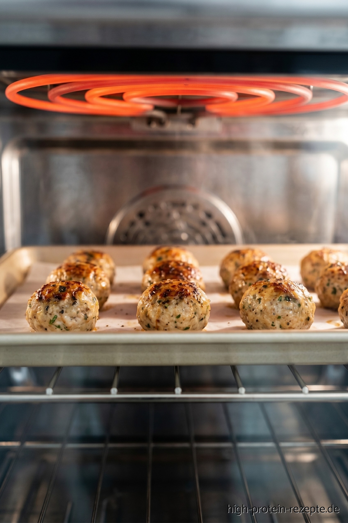 Gesunde Hähnchen Frikadellen aus dem Ofen. Mit 47,7 g Eiweiß, nur 261 kcal, high protein und glutenfrei. Auch perfekt aus dem Airfyer und aus der Pfanne.