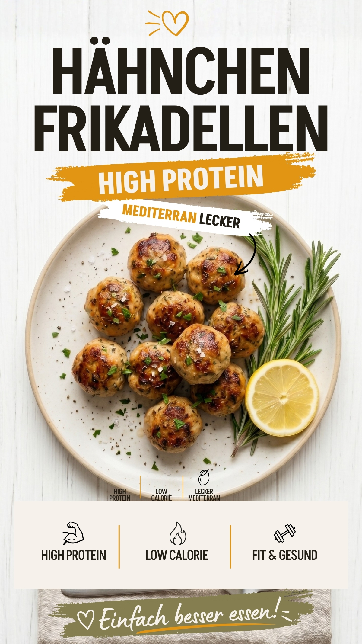 Gesunde Hähnchen Frikadellen aus dem Ofen. Mit 47,7 g Eiweiß, nur 261 kcal, high protein und glutenfrei. Auch perfekt aus dem Airfyer und aus der Pfanne.