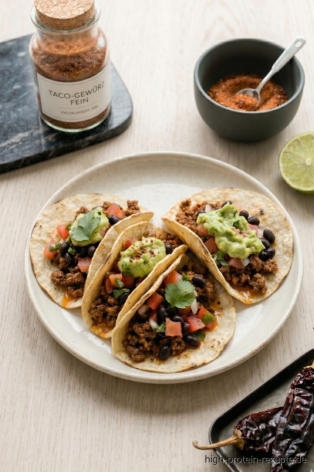 Schluss mit Fixtüten und Fertigmischungen! Mach dein Taco Gewürz in 5 Min. selber. 100 % Geschmack, 0 % Zusatzstoffe, mit individuellem Schärfegrad. High-Protein-Rezepte.de